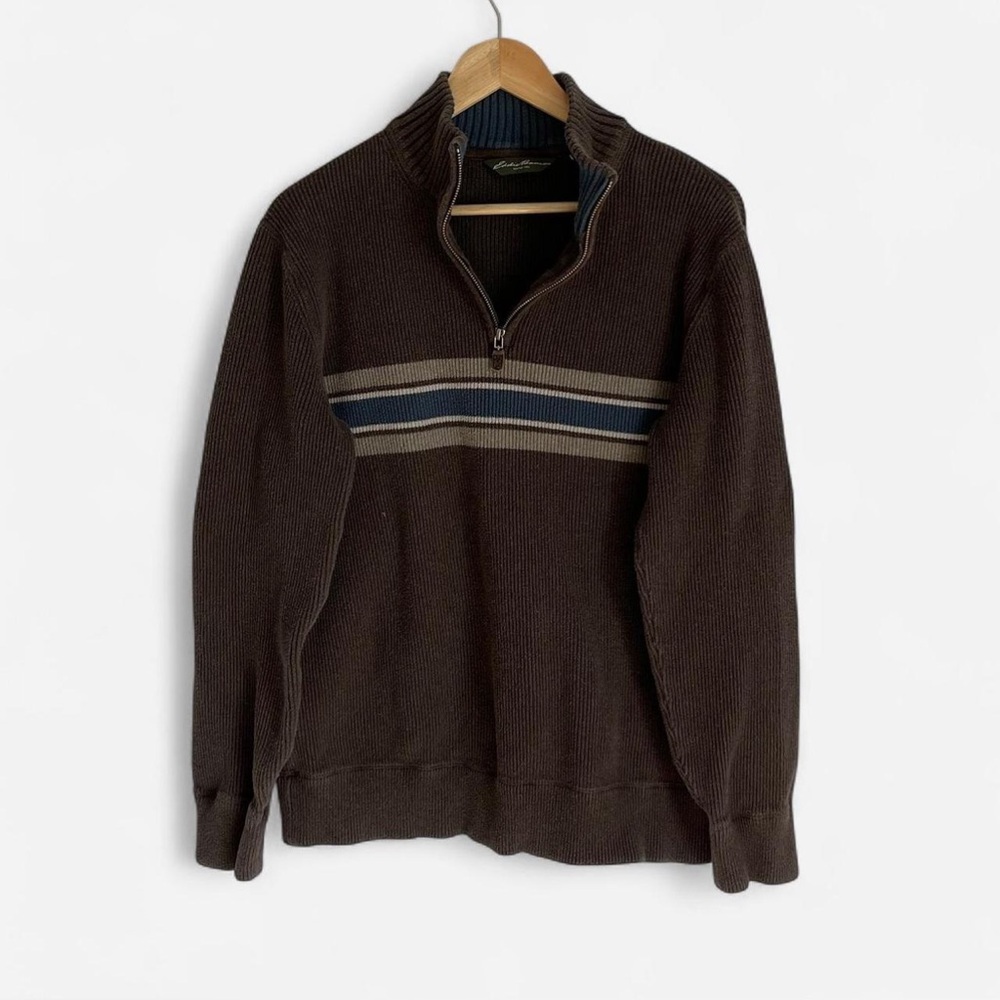 Eddie Bauer Vintage Brown Half-Zip Sweater with Blue and Tan Stripes